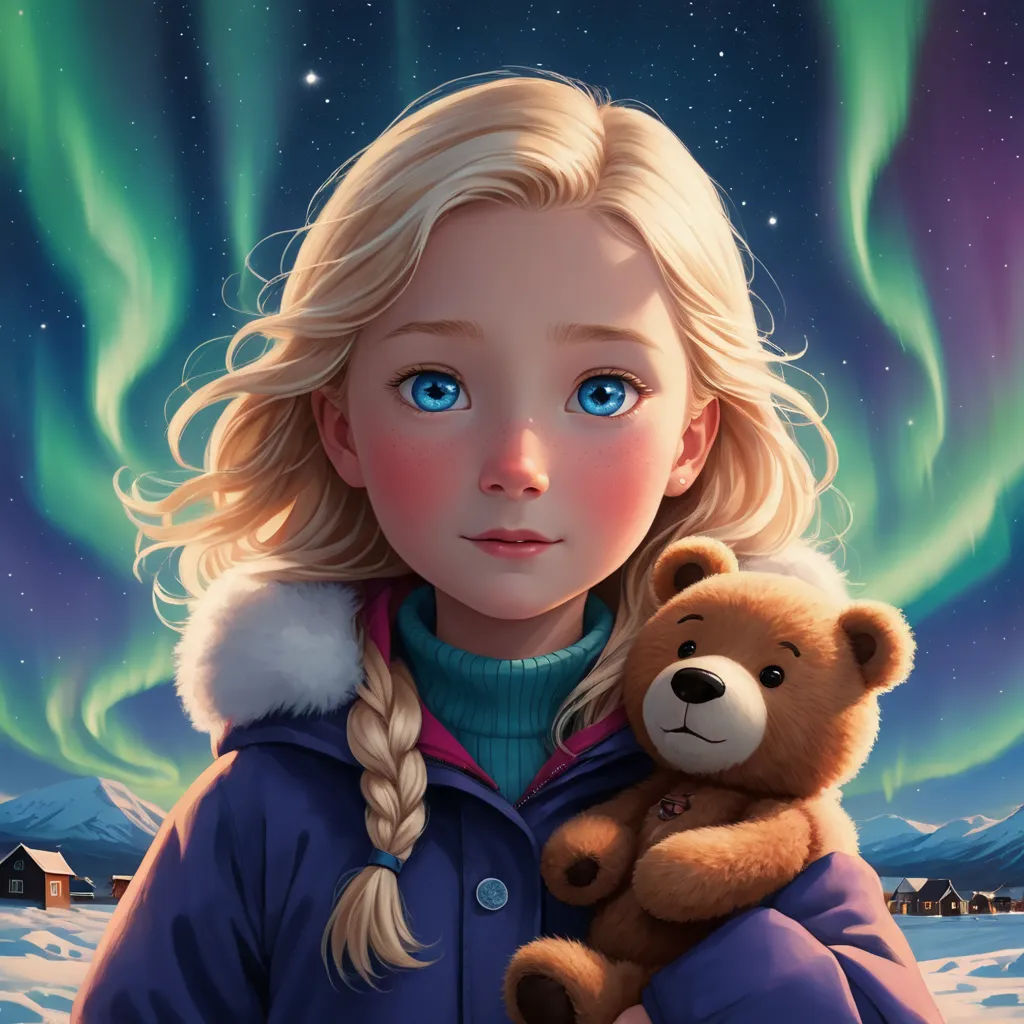 a painting of a girl holding a teddy bear in front of a aurora borel display of aurora lights, photorealism, a storybook illustration, Drew Struzan, cgstudio