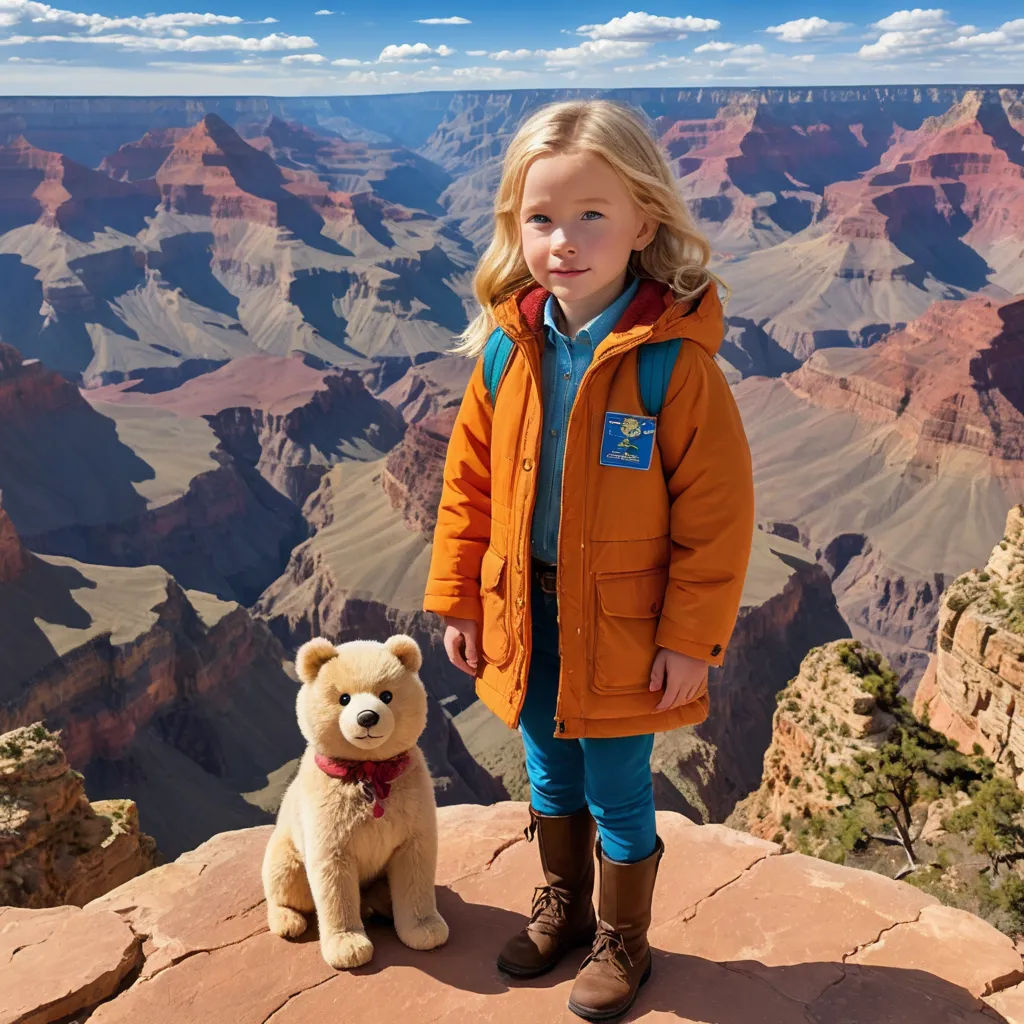 a little girl standing next to a teddy bear on a cliff overlooking a canyon and mountains in the background, ecological art, a storybook illustration, Evan Charlton, promotional image