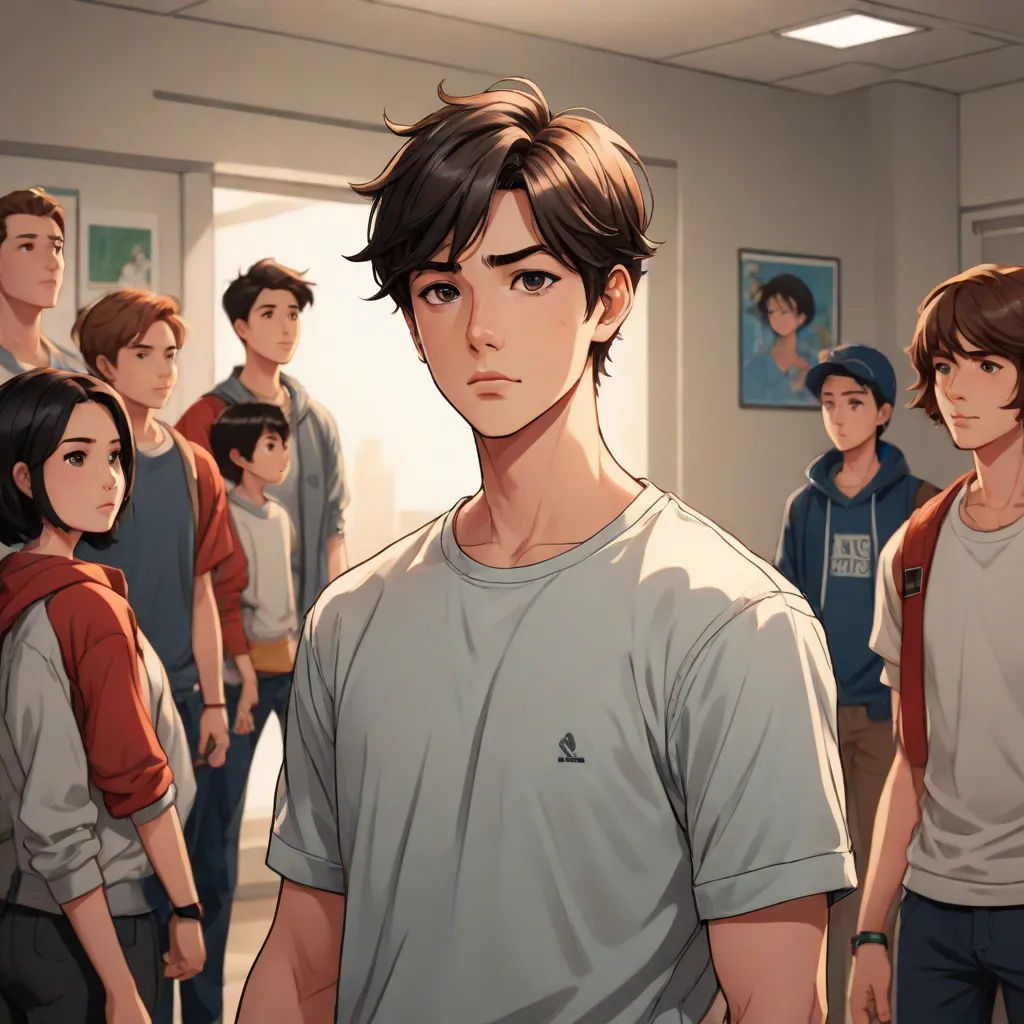a group of people standing in a room with a man in the middle of the room looking at the camera, sots art, a character portrait, David Park, official art