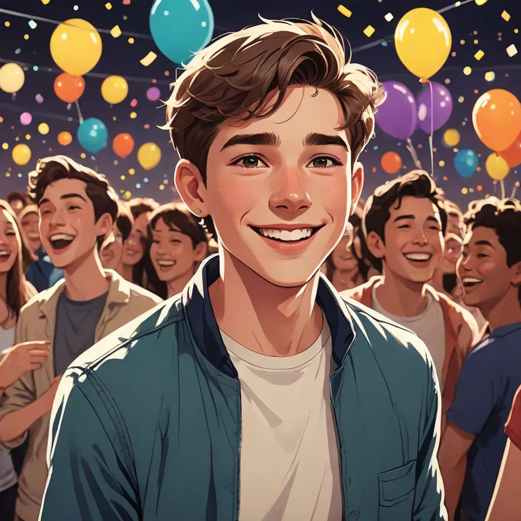 a boy is smiling in front of a crowd of people with balloons in the air above him and a string of balloons in the air, photorealism, a comic book panel, David Park, rossdraws global illumination