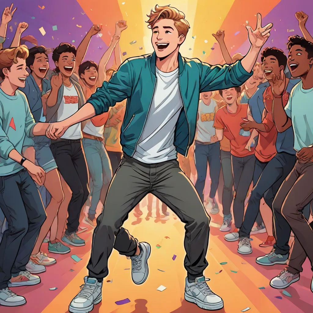 a man dancing in front of a crowd of people with his arms up in the air and his hands in the air, kitsch movement, a comic book panel, Adam Rex, official art