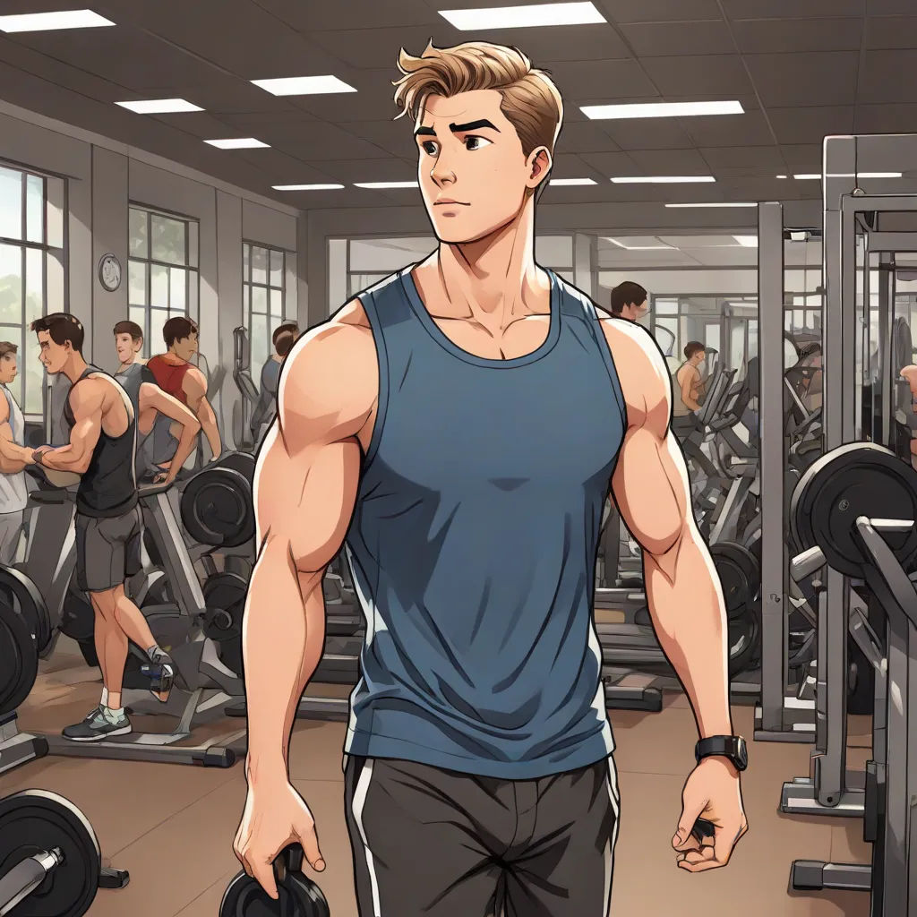 a man in a gym with a dumbbell and a barbell in the background, with a group of people in the background, sots art, a character portrait, David Park, muscular
