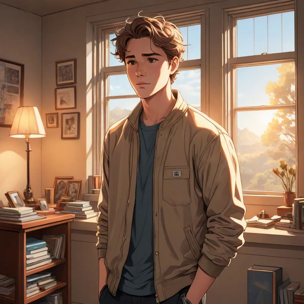 a man standing in front of a window in a room with a lamp on it and a book shelf, sots art, a character portrait, Armin Hansen, kinkade