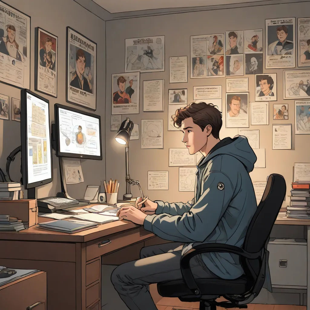 a man sitting at a desk with a computer and a monitor on it, in front of a wall with posters, academic art, a comic book panel, Artgerm, graphic novel