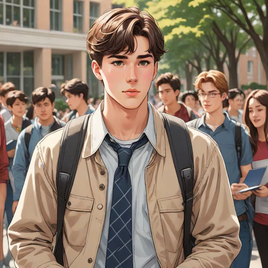 a man in a tie and jacket standing in front of a crowd of people with a backpack on his shoulder, remodernism, a comic book panel, David Park, kinkade