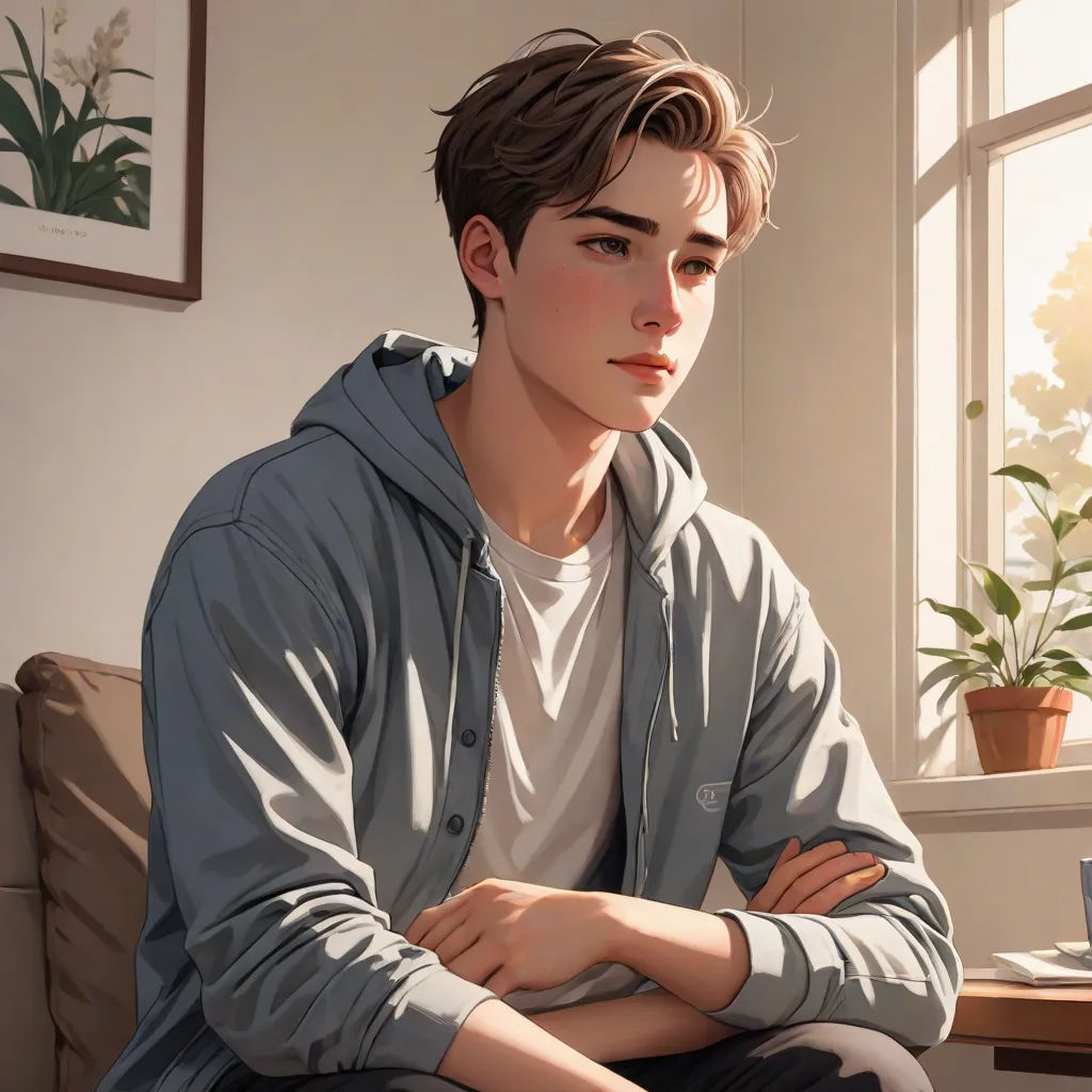 a boy sitting on a couch in front of a window with his arms crossed and looking at the camera, sots art, a detailed painting, Cedric Seaut (Keos Masons), rossdraws global illumination