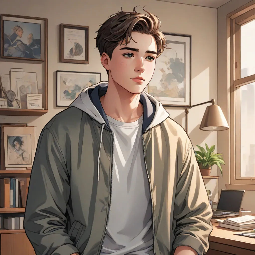 a boy in a jacket sitting in a room with a desk and a lamp on it's side, sots art, a character portrait, Bian Jingzhao, kinkade
