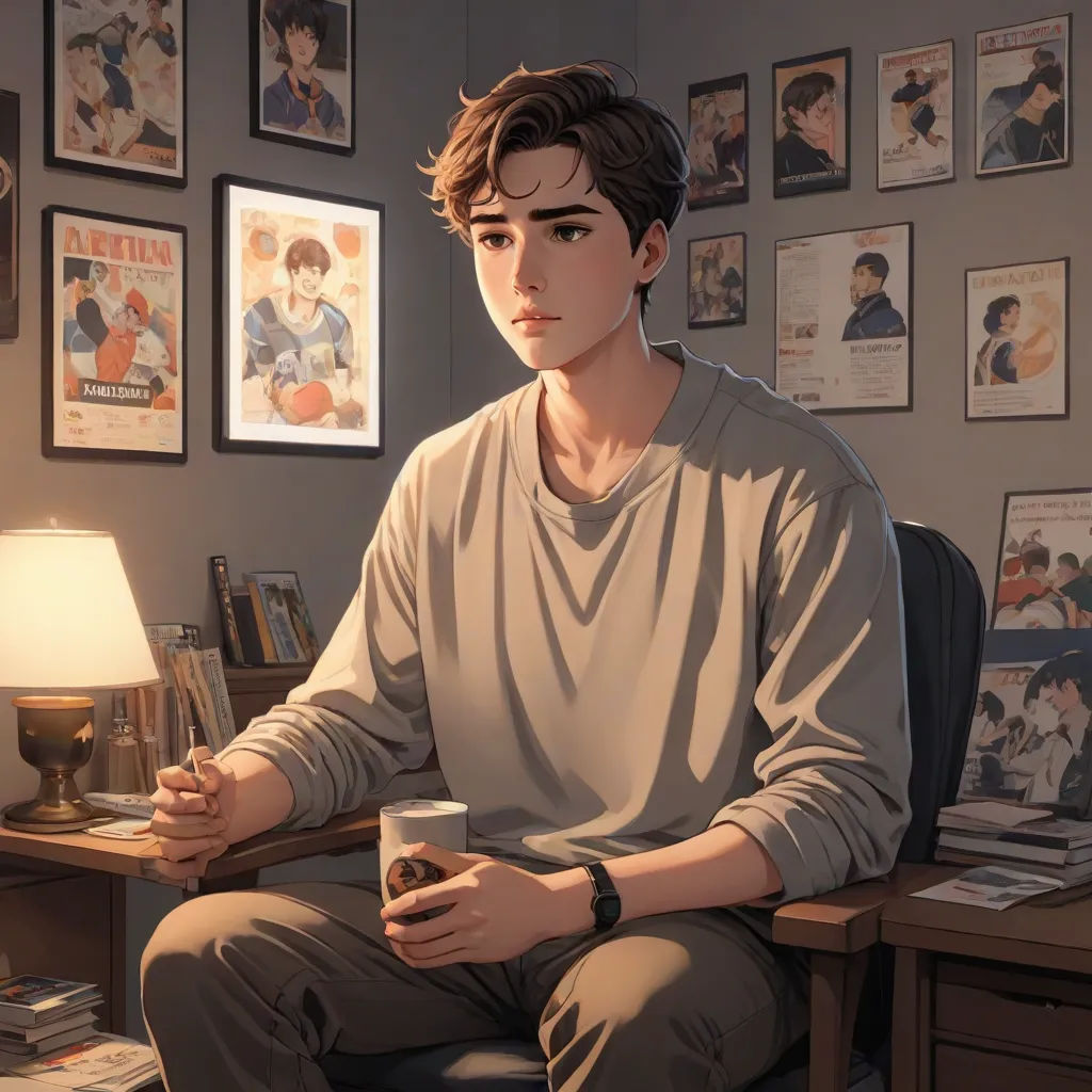 a man sitting in a chair holding a cup of coffee in front of a desk with a lamp and pictures on the wall, academic art, a detailed painting, Bian Jingzhao, stanley artgerm lau