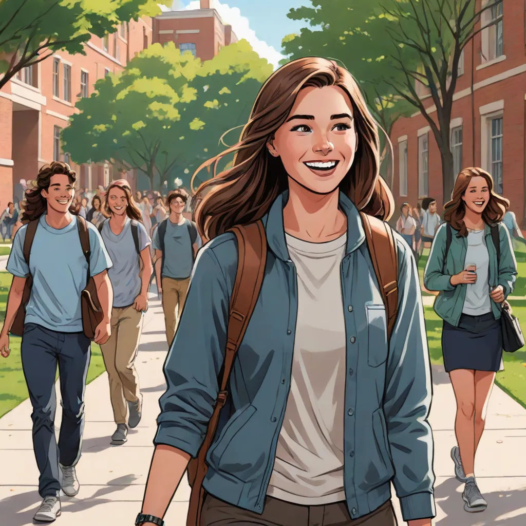 a cartoon of a woman walking down a sidewalk with a backpack on her back and a group of people walking behind her, american scene painting, a comic book panel, Alton Tobey, official art