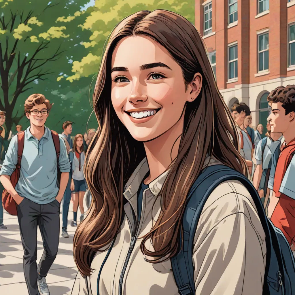 a woman with a backpack is smiling at the camera while walking down the street with a group of people behind her, american scene painting, a comic book panel, Colin Middleton, high detail illustration