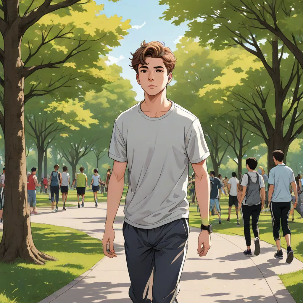a man walking down a sidewalk in a park with trees and people walking by him on a sunny day, aestheticism, a comic book panel, David Park, official art