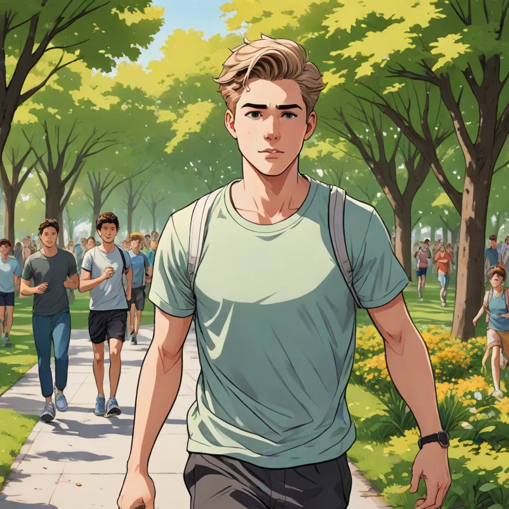 a man walking down a sidewalk next to a park filled with people and trees with a bunch of people walking behind him, remodernism, a comic book panel, David Park, official art