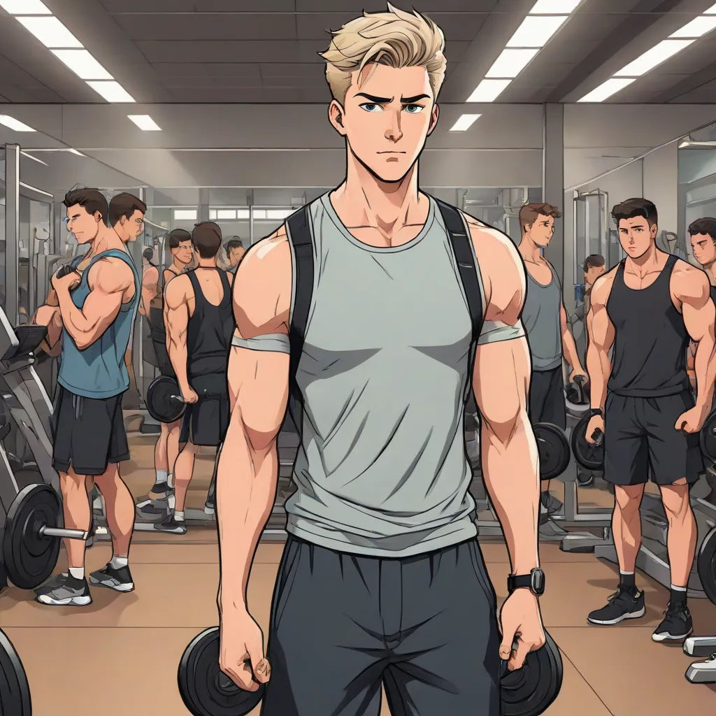 a man standing in a gym with a bunch of dumbbells in front of him and a group of other men behind him, sots art, a character portrait, Adam Manyoki, official art