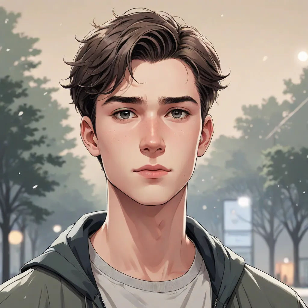 a man with a hoodie on standing in front of a tree filled park with a building in the background, sots art, a character portrait, Cedric Seaut (Keos Masons), kinkade