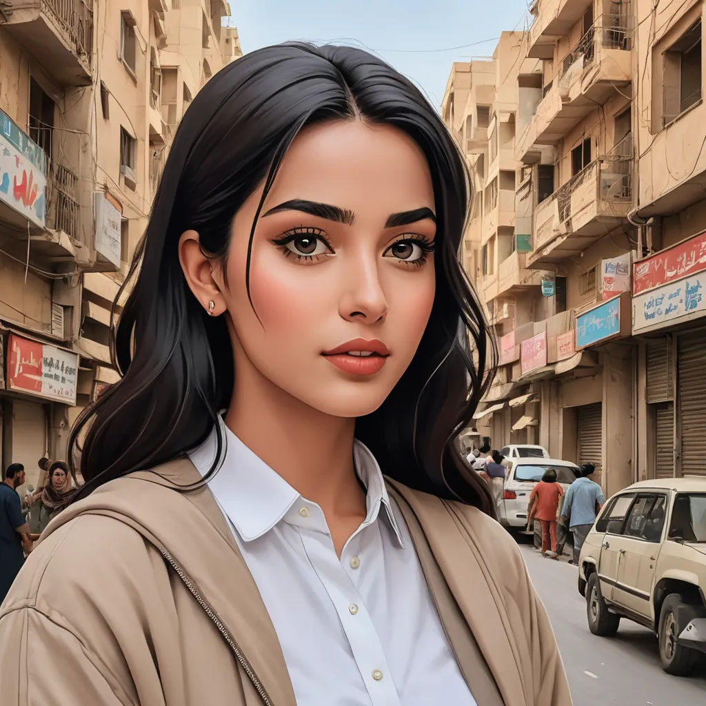 a woman in a white shirt and a brown jacket on a street with cars and buildings in the background, photorealism, a digital painting, Alena Aenami, ultra realistic digital art