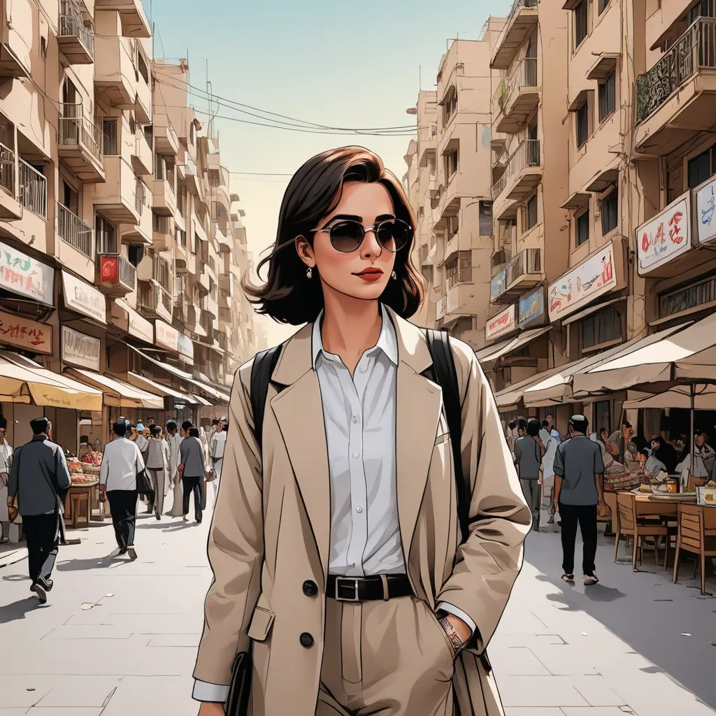 a woman in a tan suit and sunglasses is walking down a street in a city with buildings and people, serial art, a comic book panel, Asaf Hanuka, official art