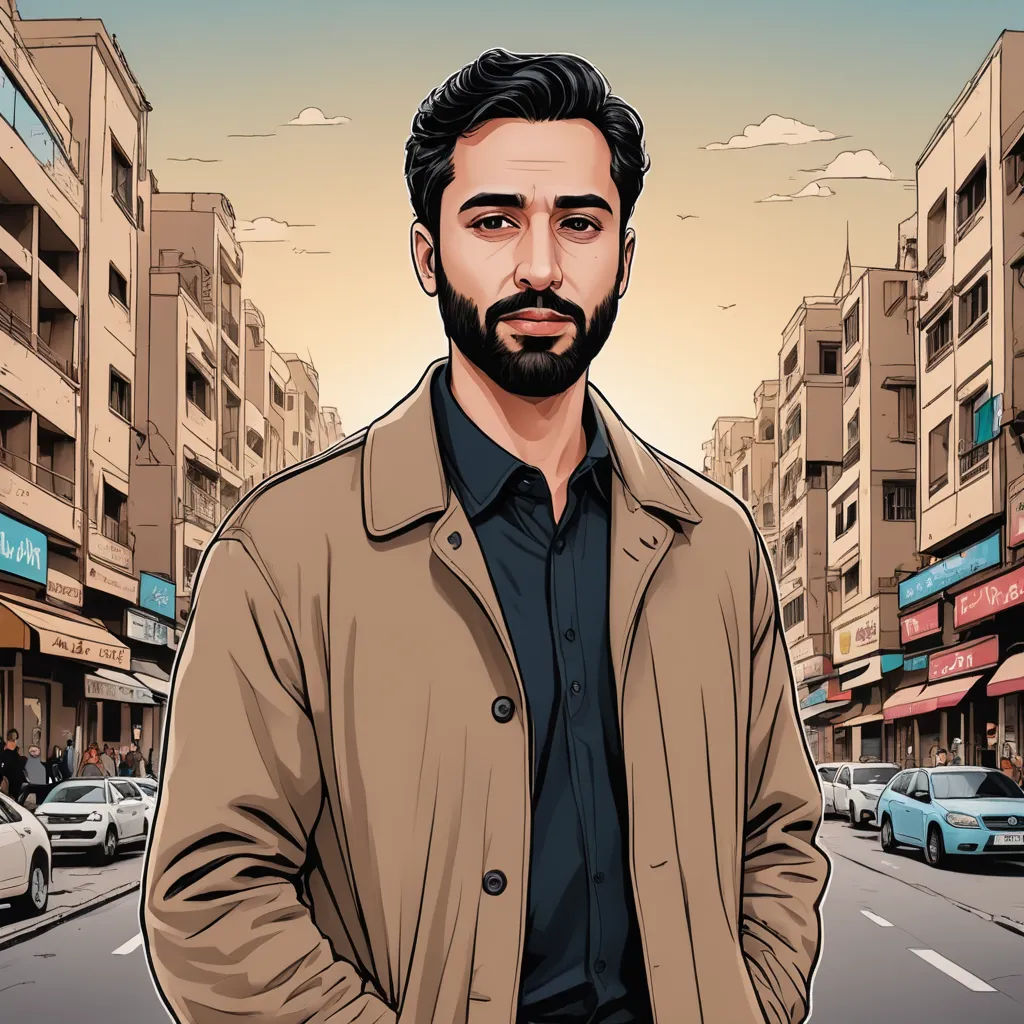 a man standing in the middle of a street with cars parked on the side of the road and buildings in the background, serial art, a character portrait, Amir Zand, comic style
