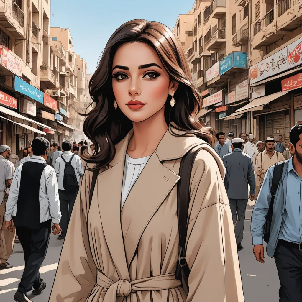 a woman in a trench coat is walking down a busy street with people walking by on the sidewalk and on the sidewalk, serial art, a comic book panel, Elina Karimova, graphic novel