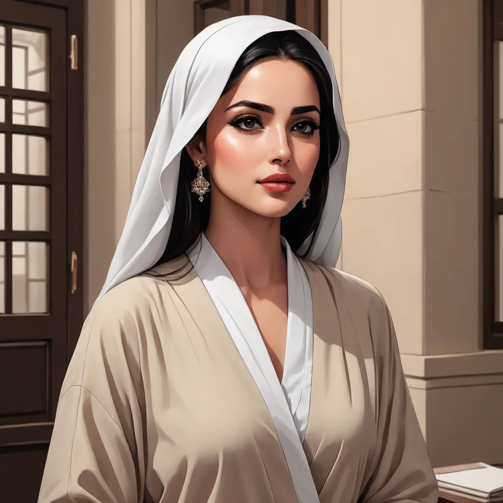 a woman in a white robe and a white head scarf is standing in front of a building with a door, qajar art, a detailed painting, Charlie Bowater, detailed painting