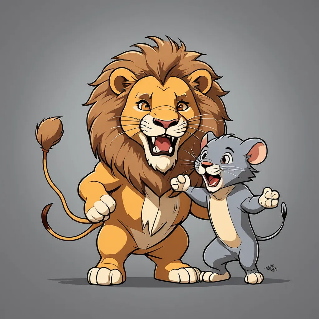 a lion and a mouse are fighting for a piece of food on a gray background with a gray background, furry art, a storybook illustration, Don Bluth, pixar and disney animation