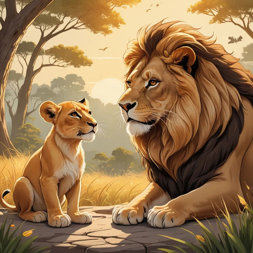 a lion and a lion cub sitting in the grass under a tree with a sunset in the background and a tree with leaves, furry art, a storybook illustration, Brothers Hildebrandt, official art