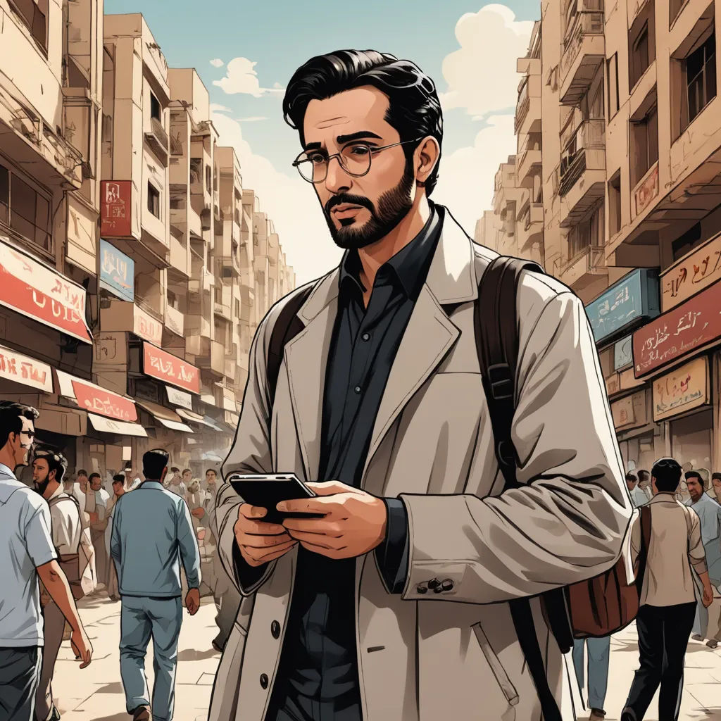 a man in a trench coat is looking at his cell phone while walking down the street in a crowded city, serial art, a comic book panel, Asaf Hanuka, digital illustration