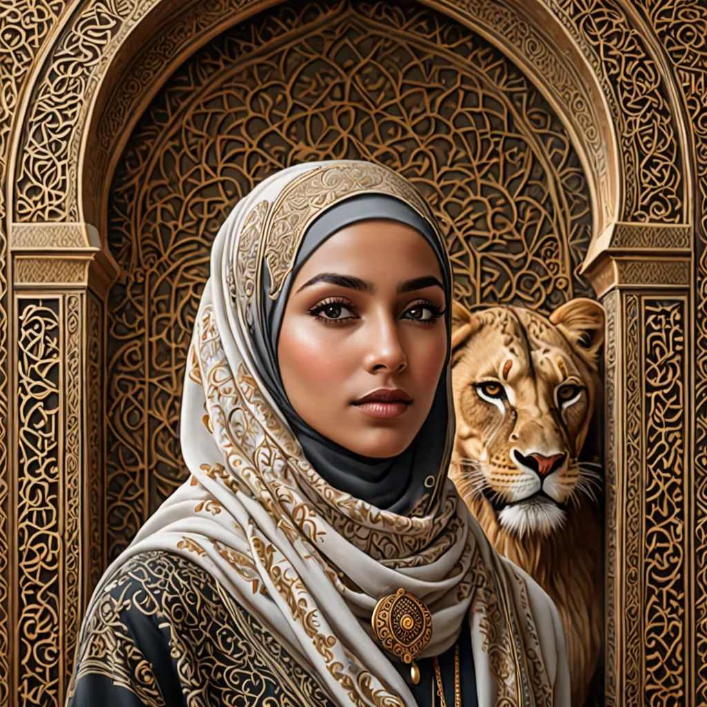 a woman in a head scarf and a lion in a doorway with a decorative wall behind her, with a painting of a woman in a head scarf and a lion in the background, fantasy art, a detailed painting, Edwin Georgi, highly detailed digital painting