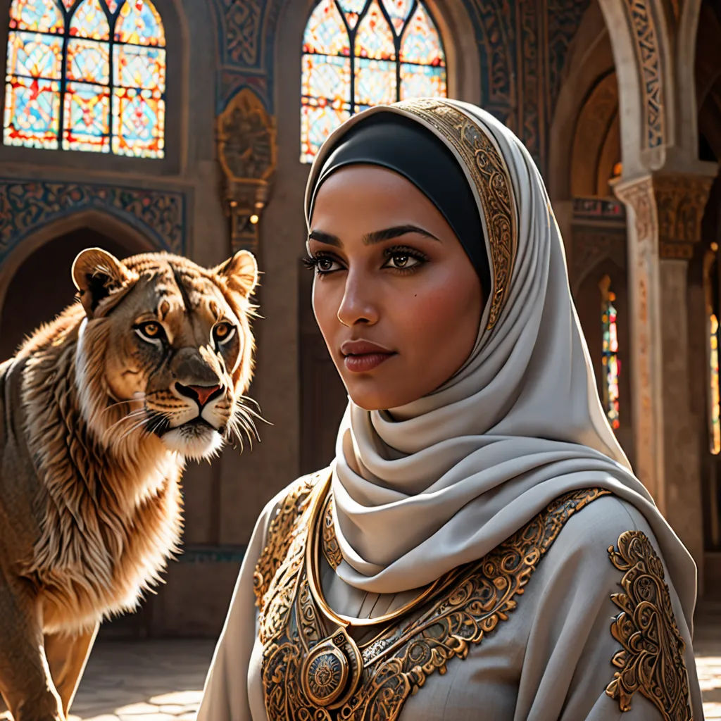 a woman in a white dress and a tiger in a room with stained glass windows and a stained glass window, fantasy art, a photorealistic painting, Altoon Sultan, highly detailed digital painting