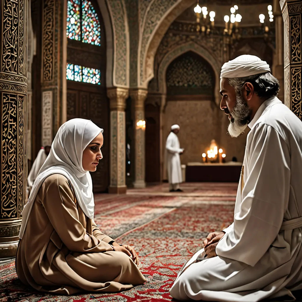 a man and a woman sitting on the floor of a mosque talking to each other and looking at each other, hurufiyya, a photo, Altoon Sultan, cinematic photography