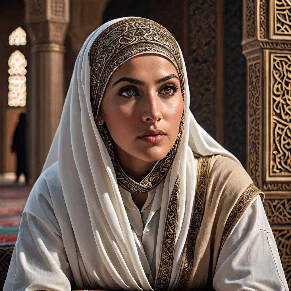 a woman in a white dress and head scarf sitting in a room with a wall and a window in the background, photorealism, a photorealistic painting, Altoon Sultan, highly detailed digital painting