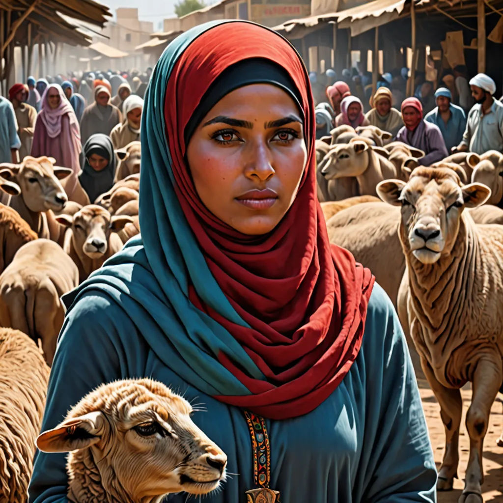 a woman in a red headscarf stands in front of a herd of sheep in a village with people in the background, hurufiyya, a photorealistic painting, Drew Struzan, promotional image