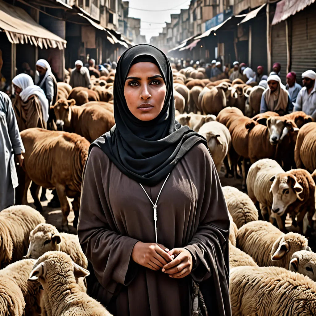 a woman in a brown dress standing in front of a herd of sheep in a city street with buildings, hurufiyya, a character portrait, Amir Zand, promotional image