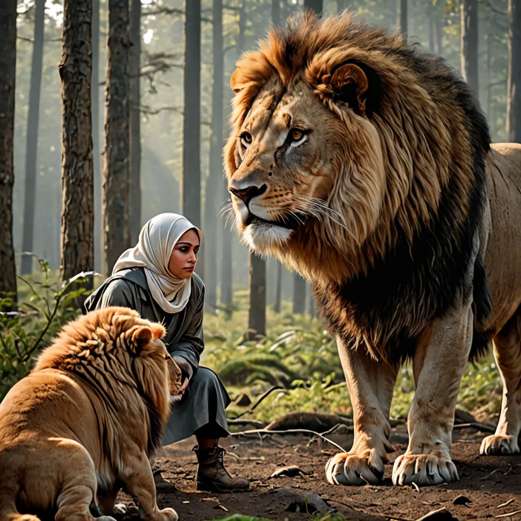 a woman sitting on a rock next to two lions in a forest with a woman standing next to her, magical realism, a colorized photo, Chris LaBrooy, vfx