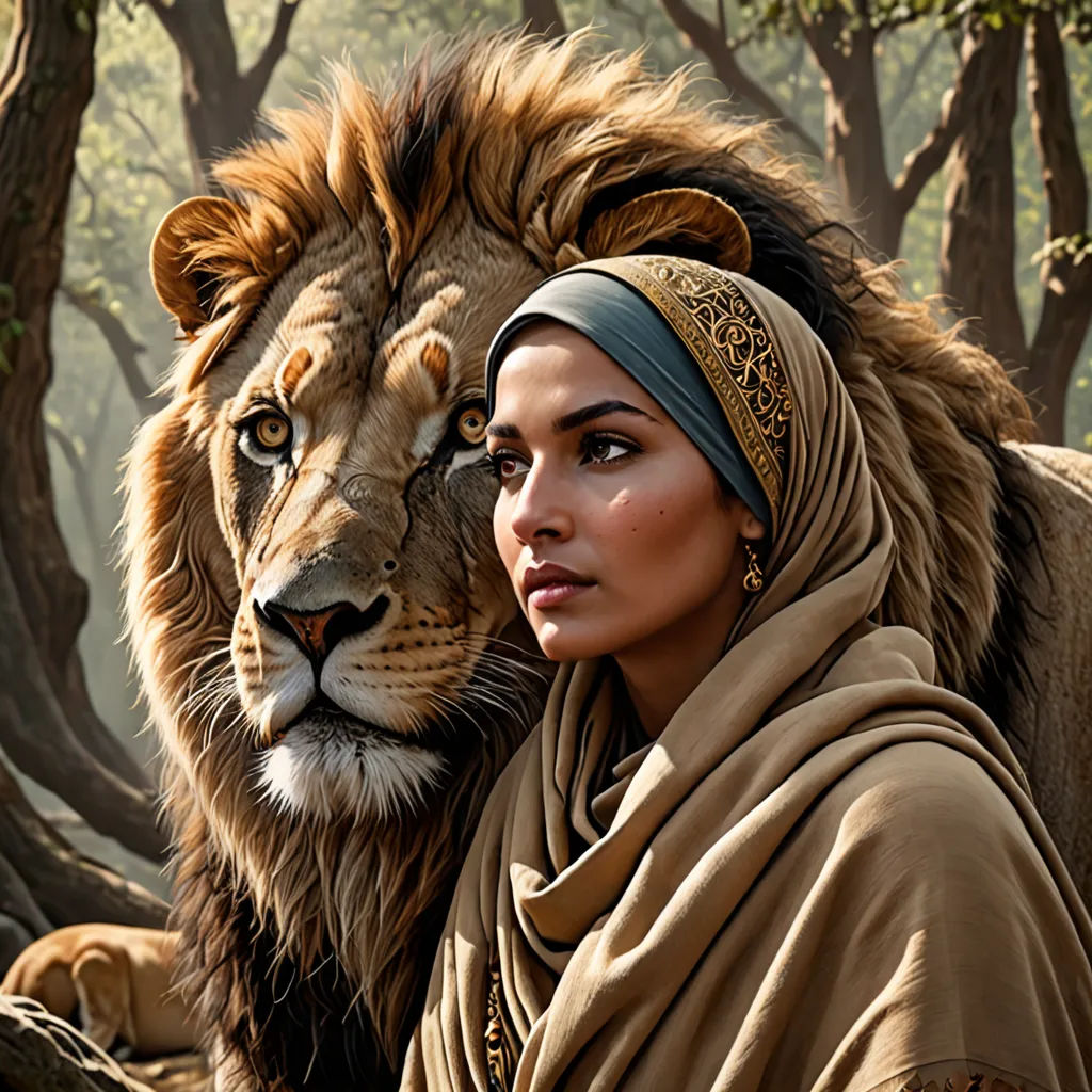a woman in a head scarf and a lion in a forest with trees in the background, with a painting of a woman in a head scarf and a lion in the foreground, fantasy art, a photorealistic painting, Drew Struzan, highly detailed digital painting