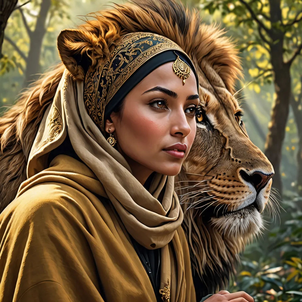 a woman with a lion headdress and a scarf on her head is standing in the woods with a lion, fantasy art, a photorealistic painting, Altoon Sultan, highly detailed digital painting