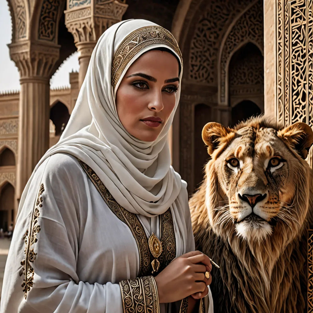a woman in a white dress and a lion in a courtyard of a building with arches and arches on the sides, art photography, a photorealistic painting, Altoon Sultan, orientalism