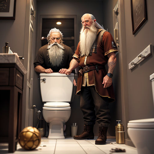 two men in a bathroom with a toilet and a sink with a long beard and a long beard, one with a long beard and one with a beard