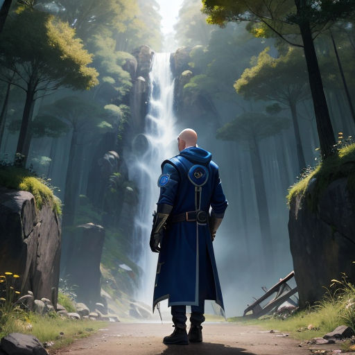 a man in a blue coat standing in front of a waterfall in a forest with a waterfall in the background