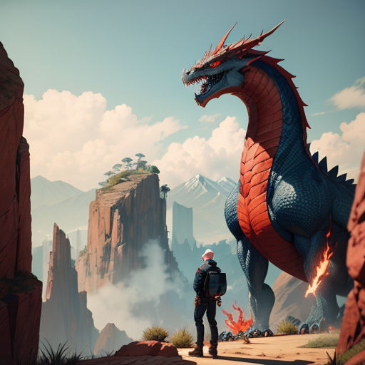 a man standing next to a giant dragon in a desert landscape with mountains in the background and a sky with clouds