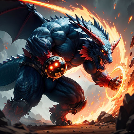 a demonic creature with glowing eyes and a large, black body, holding a sword in his hand, with a fireball in the background