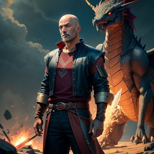 a man standing next to a dragon in a desert area with a sky background and clouds in the background