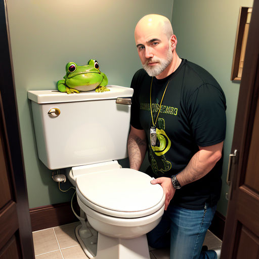 a man is holding a frog on the toilet seat in a bathroom with a green wall and tile floor