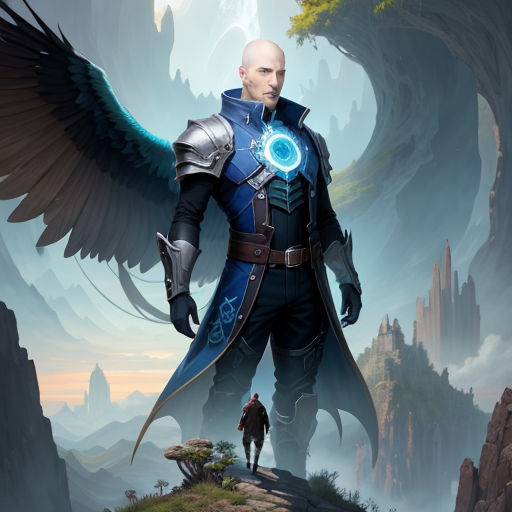 a man with wings standing on a cliff with a bird in his hand and another man standing on a cliff