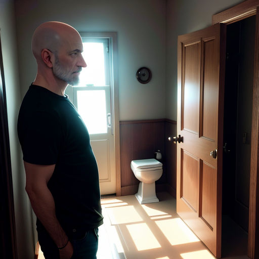 a man standing in a bathroom next to a toilet and a window with a light coming through it and a door