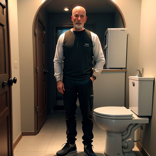 a man standing in a bathroom next to a toilet and a sink with a mirror on the wall above it