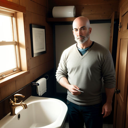 a man standing in a bathroom next to a sink and a mirror with a light on it's side