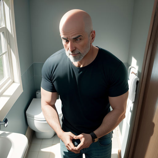a man standing in a bathroom next to a toilet and sink with a bald head and a black shirt