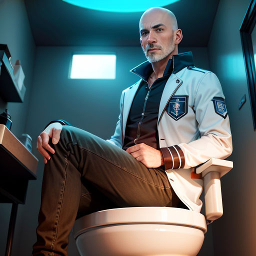 a man sitting on a toilet in a room with a blue light coming from the ceiling and a blue light coming from the ceiling
