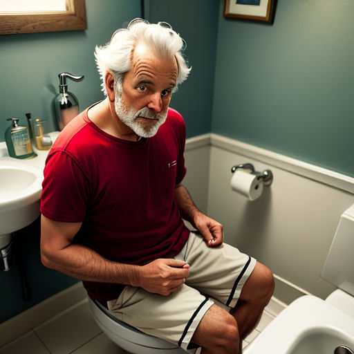 a man sitting on a toilet in a bathroom with a red shirt on and a white beard and mustache