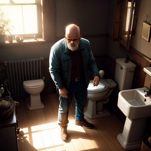 a man standing in a bathroom next to a toilet and sink with a window behind him and a potted plant